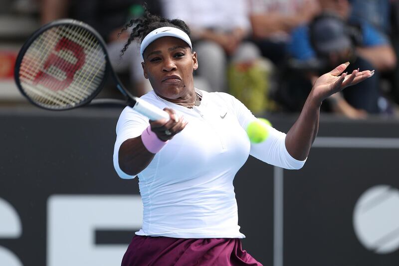 Serena Williams plays a forehand during her first round match against Camila Giorgi on Day Two of the 2020 Auckland Classic. Getty Images
