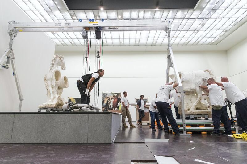 Abu Dhabi, United Arab Emirates, September 12, 2017:    Installation of the, Apollo's horses groomed by two tritons, Gilles Gu��rin, c.1670, statue at the Louvre Abu Dhabi on Saadiyat Island in Abu Dhabi on September 12, 2017. Christopher Pike / The National

Reporter: Nick Leech
Section: News