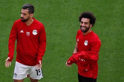 Soccer Football - World Cup - Egypt Training - Ekaterinburg Arena, Yekaterinburg, Russia - June 14, 2018   Egypt's Mohamed Salah and Abdallah Said during training   REUTERS/Andrew Couldridge
