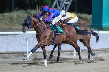 Tadhg O’Shea rides his winner No. 602 in the UAE atop Satish Seemar’s Dubai Canal at the season-ending meeting at Al Ain on Friday, April 9, 2021. Courtesy ERA