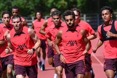 UNSPECIFIED, AUSTRIA - JULY 24: (THE SUN OUT.THE SUN ON SUNDAY OUT) James Milner, Mohamed Salah and Fabio Carvalho of Liverpool during the Liverpool pre-season training camp  on July 24, 2022 in UNSPECIFIED, Austria. (Photo by John Powell/Liverpool FC via Getty Images)