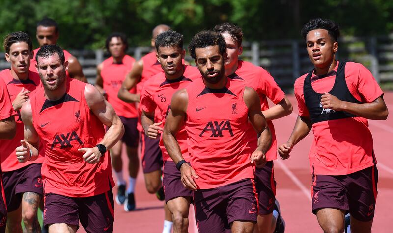 James Milner, Mohamed Salah and Fabio Carvalho working hard during the Liverpool pre-season training camp.