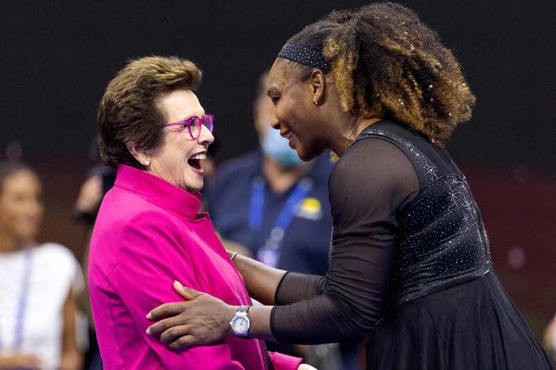 Serena Williams greets former US tennis player Billie Jean King during a tribute after Williams' match against Montenegro's Danka Kovinic during their 2022 US Open. AFP