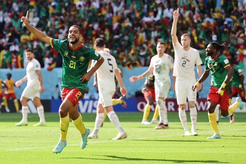 Jean-Charles Castelletto celebrates after scoring Cameroon's first goal against Serbia. AFP