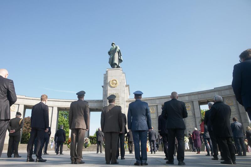 Soldiers attend commemorations to mark the 75th anniversary of Victory Day and the end of WWII in Europe at the Soviet War memorial at the boulevard 'Strasse des 17. Juni' in Berlin, Germany. AP Photo