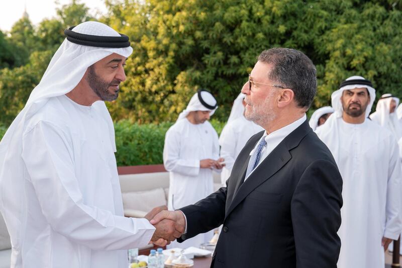AL AIN, UNITED ARAB EMIRATES - December 09, 2019: HH Sheikh Mohamed bin Zayed Al Nahyan, Crown Prince of Abu Dhabi and Deputy Supreme Commander of the UAE Armed Forces (L), greets a participant of the Forum for Promoting Peace in Muslim Societies during Al Maqam Palace barza.

( Hamad Al Kaabi / Ministry of Presidential Affairs )​
---