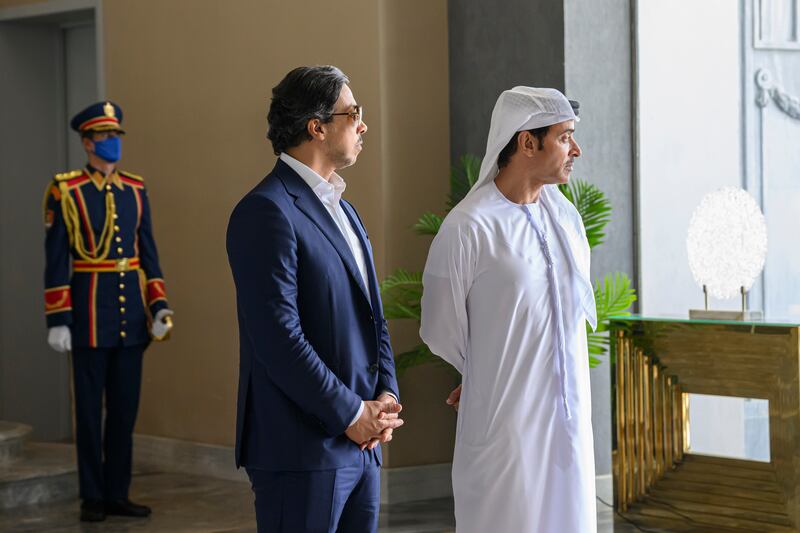 Sheikh Mansour and Sheikh Hazza at El Alamein Presidential Palace. Hamad Al Kaabi / UAE Presidential Court


