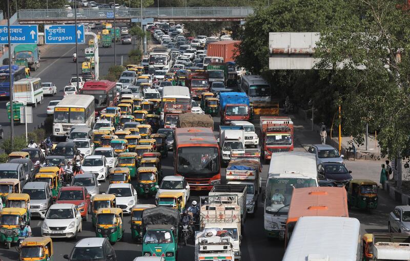 A traffic jam in New Delhi before a week-long curfew takes effect in the Indian capital. EPA