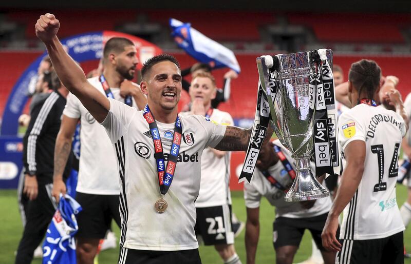 Fulham's Anthony Knockaert celebrates with the trophy. PA