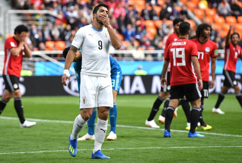 Uruguay's  Luis Suarez reacts during their group A match at the 2018 FIFA World Cup at the Yekaterinburg Arena in Yekaterinburg, Russia, on June 15, 2018. Matthias Hangst / Getty Images