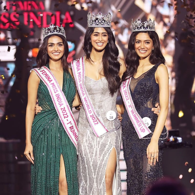 The top three winners of Femina Miss India World 2022 were Sini Shetty, centre, Rubal Shekhawat, left, from Rajasthan, was named runner-up, while Uttar Pradesh's Shinata Chauhan came in third position. Photo: @missindiaord / Instagram