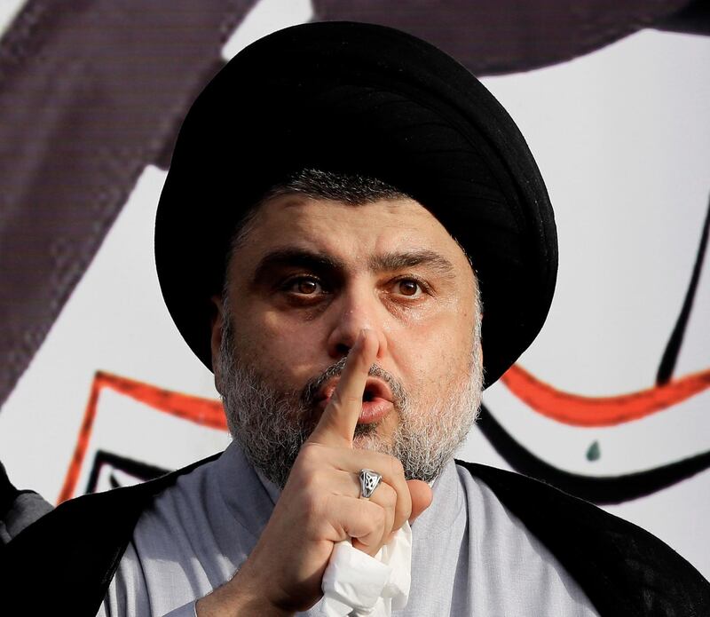 FILE - In this March, 27, 2016 file photo, Shiite cleric Muqtada al-Sadr gives a speech to his followers before entering the highly fortified Green Zone, in Baghdad, Iraq. Al-Sadr, who led punishing attacks on American forces after the 2003 U.S.-led overthrow of Saddam Hussein, appears set to secure the most significant victory of his political career with a strong showing in the May 12 parliamentary election. Al-Sadr gained popularity as a nationalist voice campaigning against corruption and against Iranâ€™s influence in the country. (AP Photo/Karim Kadim, File)
