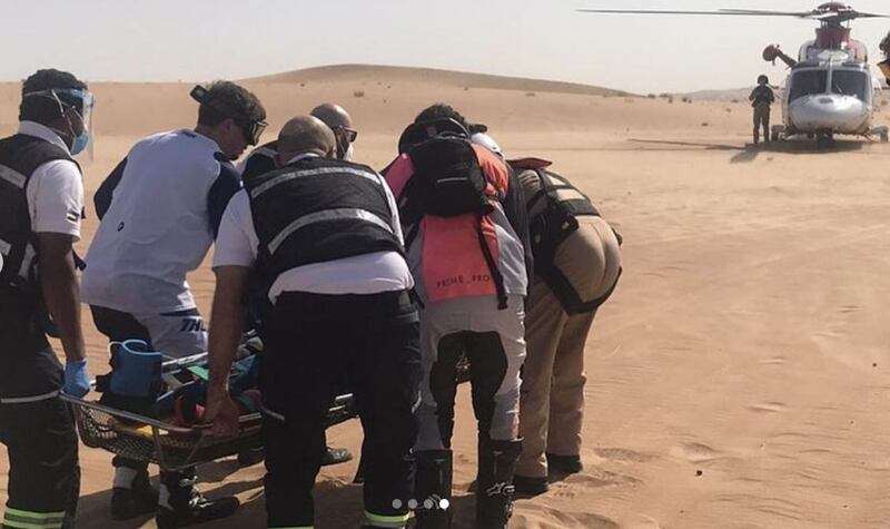 A British man is airlifted to hospital after breaking a leg and his pelvis in a motorcycle accident in the desert of Dubai. Courtesy: National Search and Rescue Centre