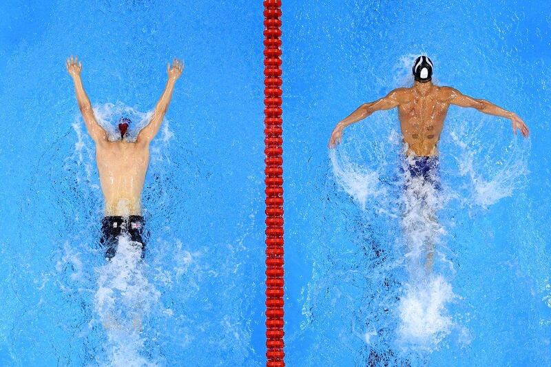 Michael Phelps (R) of the United States leads James Guy of Great Britain in the men’s 4x100m medley relay final on Day 8 of the Rio 2016 Olympic Games at the Olympic Aquatics Stadium on August 13, 2016 in Rio de Janeiro, Brazil. Richard Heathcote / Getty Images