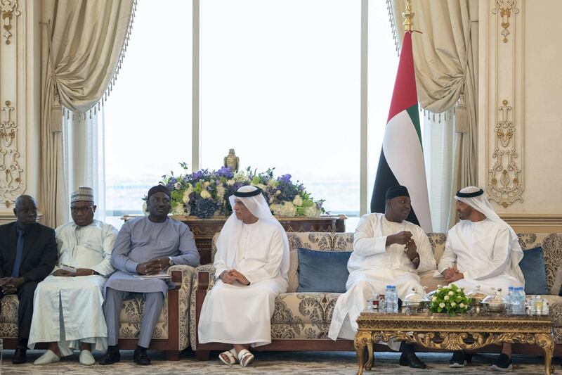 ABU DHABI, UNITED ARAB EMIRATES - July 15, 2019: HH Sheikh Mohamed bin Zayed Al Nahyan, Crown Prince of Abu Dhabi and Deputy Supreme Commander of the UAE Armed Forces (R), meets with Adama Barrow, President of Gambia (2nd R), during a Sea Palace barza. Seen with HH Sheikh Saud bin Saqr Al Qasimi, UAE Supreme Council Member and Ruler of Ras Al Khaimah (3rd R).

( Mohamed Al Hammadi / Ministry of Presidential Affairs )
---