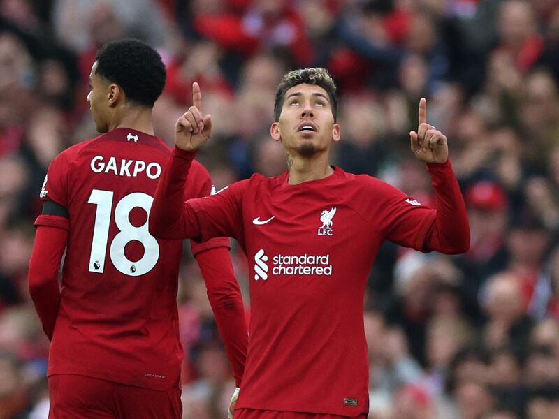 Liverpool's Roberto Firmino celebrates scoring the equaliser against Arsenal at Anfield on Sunday, April 9, 2023. Reuters