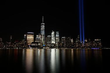 The Tribute in Light illuminates in the sky above the Lower Manhattan area of New York. AP Photo