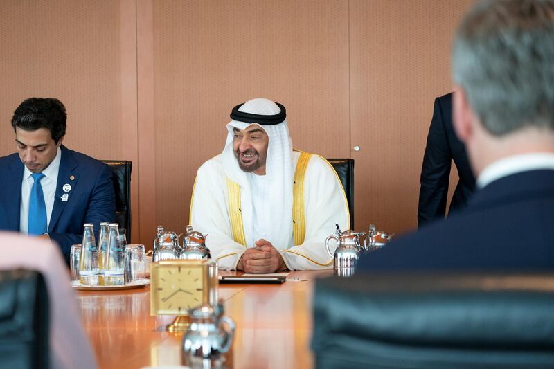 BERLIN, GERMANY - June 12, 2019: HH Sheikh Mohamed bin Zayed Al Nahyan, Crown Prince of Abu Dhabi and Deputy Supreme Commander of the UAE Armed Forces (R), meets with HE Angela Merkel, Chancellor of Germany (Not shown) in the Chancellor's Office in Berlin, Germany. Seen with HH Sheikh Mansour bin Zayed Al Nahyan, UAE Deputy Prime Minister and Minister of Presidential Affairs (L).


(Eissa Al Hammadi / For the Ministry of Presidential Affairs )