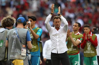 MOSCOW, RUSSIA - JUNE 20:  Herve Renard, Head coach of Morocco applauds fans follownig his sides defeat in the 2018 FIFA World Cup Russia group B match between Portugal and Morocco at Luzhniki Stadium on June 20, 2018 in Moscow, Russia.  (Photo by Michael Steele/Getty Images)
