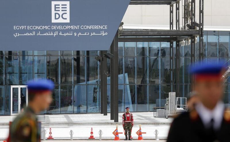 Members of Egypt's Republican Guard stand in front of a conference centre in Sharm El Sheikh on March 12, 2015, one day before the Economic Development Conference (EEDC) is due to be held there. Amr Abdallah Dalsh/Reuters