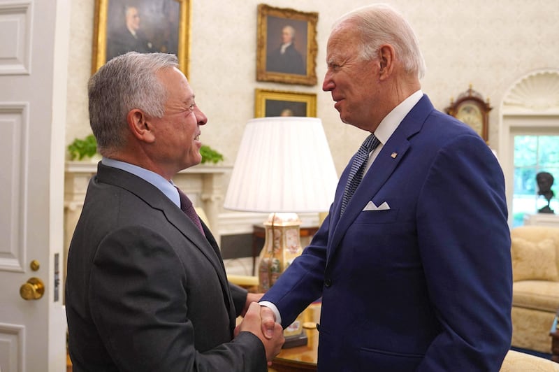 US President Joe Biden and Jordan's King Abdullah II at the White House in Washington, on May 13, 2022.  Jordanian Royal Palace  /  AFP