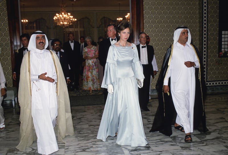 Princess Anne arriving for a banquet in Dubai during a royal tour in 1984. Getty Images