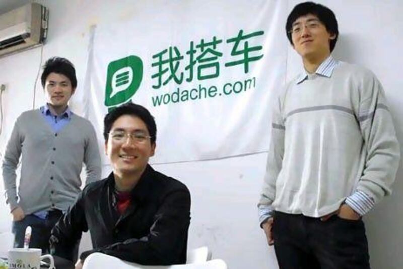 The three co-founders of Wodache.com, an online car-pooling service that was recently started in Beijing. They are, from left to right, Jeff Hsu, James Hu and Eric Wang. Photo by Daniel Bardsley