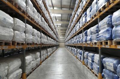 DUBAI, UNITED ARAB EMIRATES , Jan 29  – 2020 :- Blankets stored at the UNHCR warehouse at the International Humanitarian City in Dubai. ( Pawan  Singh / The National ) For News. Story by Kelly