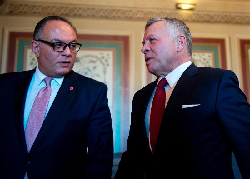 King Abdullah of Jordan (R) arrives for a meeting with the Senate Foreign Relations Committee at the US Capitol  in Washington, DC on March 12, 2019.  / AFP / ANDREW CABALLERO-REYNOLDS
