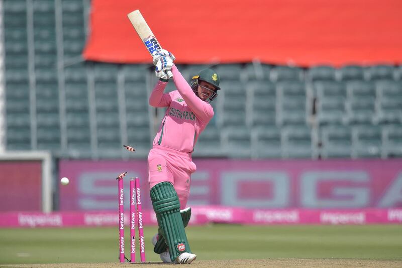 South Africa's Quinton de Kock is bowled by Pakistan's Haris Rauf. AFP