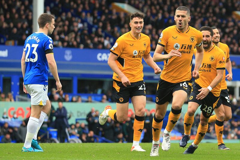 Conor Coady celebrates his headed winner. AFP