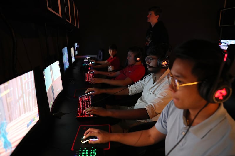 DUBAI, UNITED ARAB EMIRATES , Feb 8  – 2020 :- Young people playing games at the ALT gaming lounge in Dubai Investment Parks in Dubai. (Pawan  Singh / The National) For Feature. Story by Ashleigh Stewart