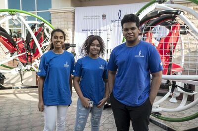 DUBAI, UNITED ARAB EMIRATES. 29 JUNE 2020. Astronaut training simulators that have reportedly been brought to UAE for the first time. Students Rhema Bhamburkar (17), Abriana Donald (13) and David Donald (18). (Photo: Antonie Robertson/The National) Journalist: Sarwat Nasir. Section: National.