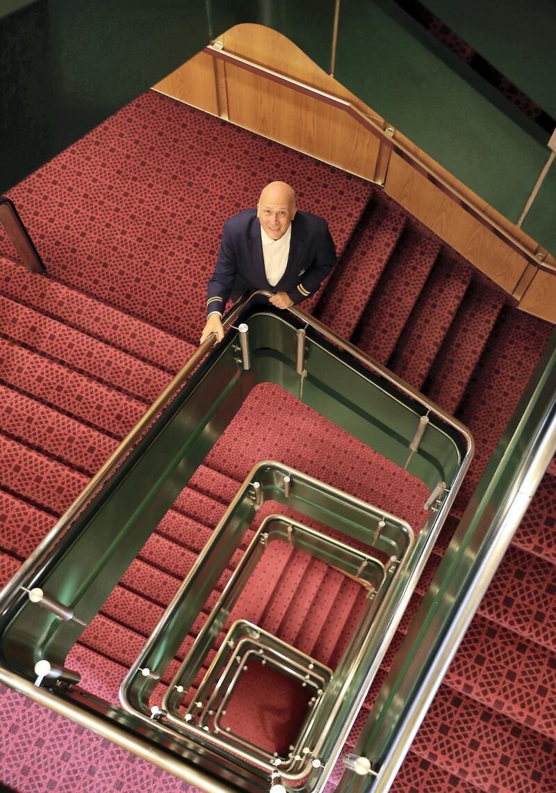 
DUBAI , UNITED ARAB EMIRATES ,  October 15 , 2018 :- Peter Warwick, ex cruise director of the QE2 talking about some of his old memories at the Queen Elizabeth 2 ship in Dubai. ( Pawan Singh / The National )  For Weekend. Story by Hala Khalaf
