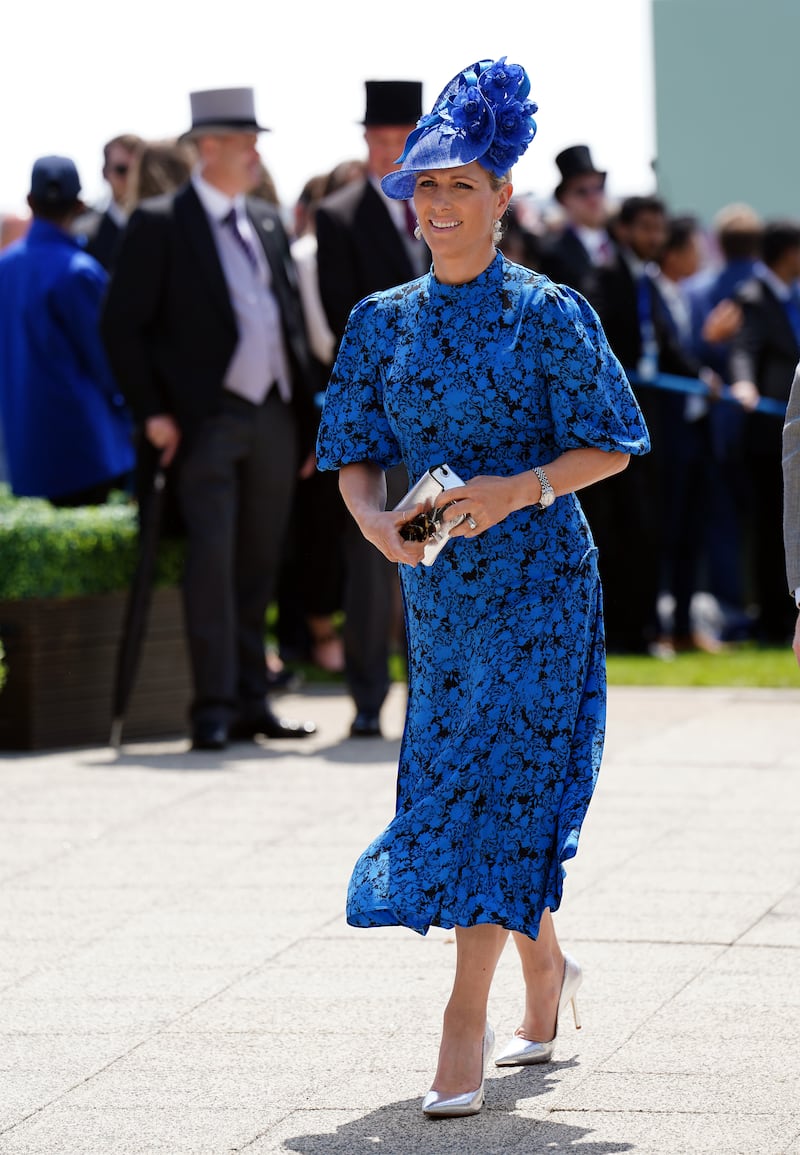 Zara Tindall, wearing blue Diane von Furstenberg, arrives at Epsom Racecourse, Surrey on Derby Day on June 4. PA Wire