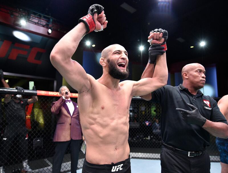 LAS VEGAS, NEVADA - SEPTEMBER 19: Khamzat Chimaev of Chechnya celebrates after his knockout victory over Gerald Meerschaert in their middleweight bout during the UFC Fight Night event at UFC APEX on September 19, 2020 in Las Vegas, Nevada. (Photo by Chris Unger/Zuffa LLC)