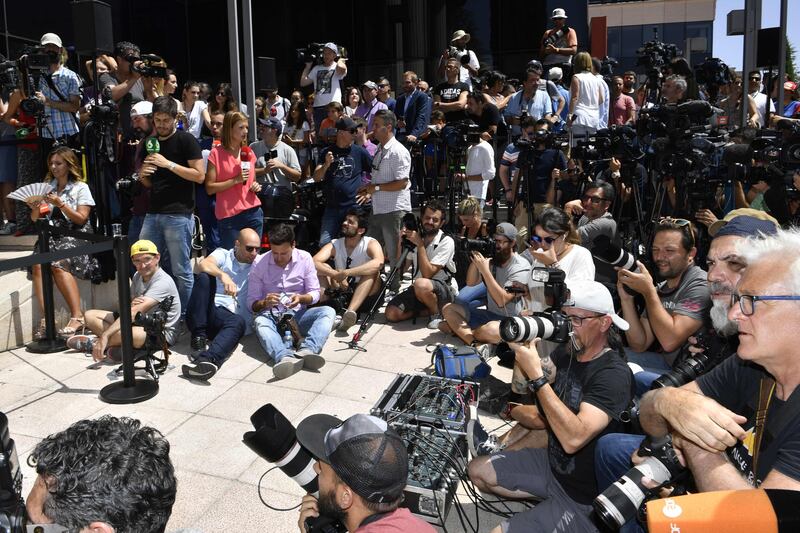 Media wait for Real Madrid's Portuguese forward Cristiano Ronaldo to hold a press conference after appearing before a court in Pozuelo de Alarcon. Gerard Julien / AFP