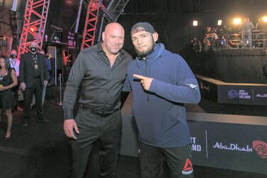 UFC president Dana White and Khabib Nurmagomedov following the Russian fighter's win over Justin Gaethje at UFC 254 in Abu Dhabi.