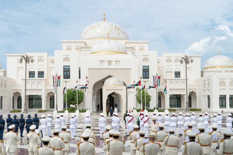 ABU DHABI, UNITED ARAB EMIRATES - November 12, 2018: HH Sheikh Mohamed bin Zayed Al Nahyan Crown Prince of Abu Dhabi Deputy Supreme Commander of the UAE Armed Forces (center R) and HE Dr Barham Salih, President of Iraq (center 2nd R), stand for the national anthem, during a reception held at the Presidential Palace.

(Rashed Al Mansoori / Crown Prince Court - Abu Dhabi )
---