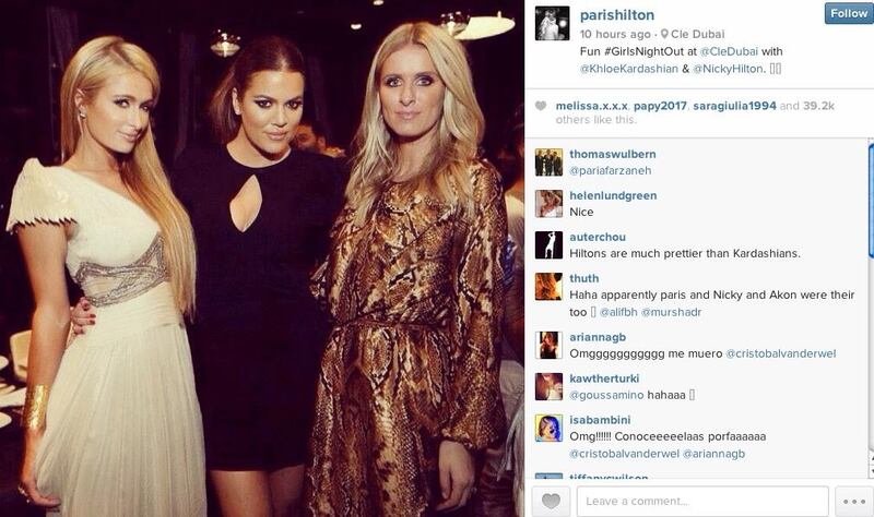 A screengrab from Paris Hilton's Instagram account showing Paris Hilton, Khloé Kardashian and Nicky Hilton at the opening of Clé. 