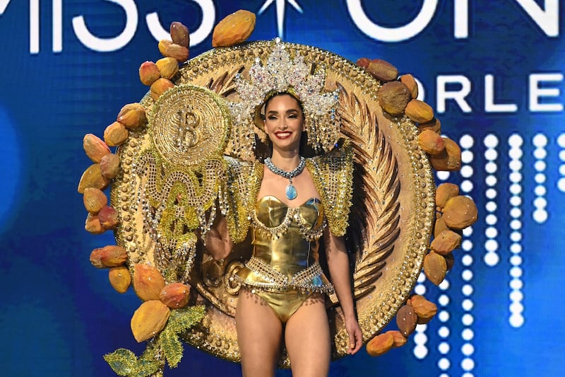 Alejandra Guajardo, Miss Universe El Salvador 2022, in an outfit inspired by the country's use of Bitcoin, and previously the cocoa beans as a currency, during the 71st Miss Universe competition on January 11, 2023. Reuters