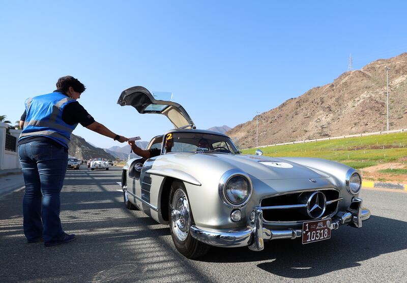 A Mercedes-Benz 300 SL Gullwing leaves the Intercontinental Hotel, Fujairah on the first leg of day 2. 1000 Miglia Experience UAE Prologue. Chris Whiteoak / The National