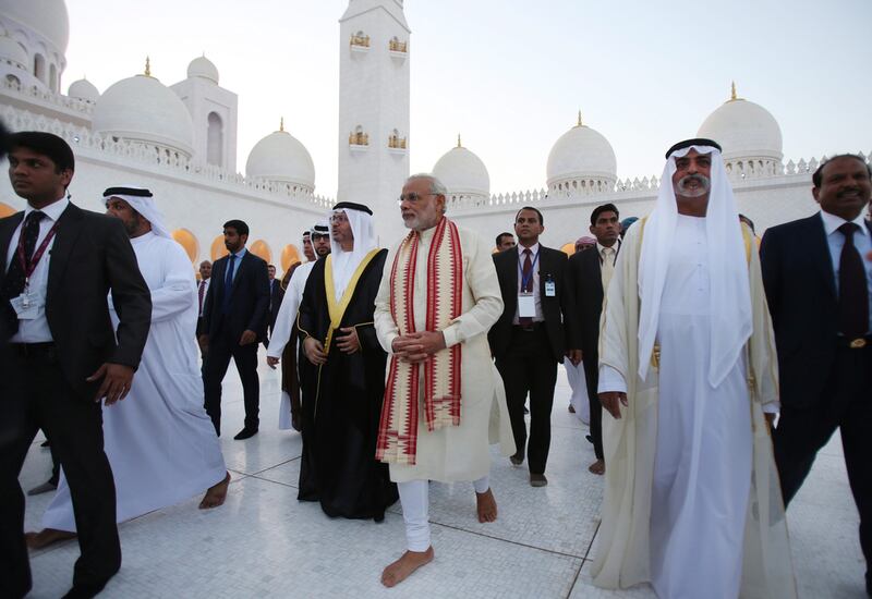 Indian prime minister Narendra Modi visits the Sheikh Zayed Grand Mosque during the first day of his two-day visit to the UAE on August 16, 2015. Kamran Jebreili / AP Photo