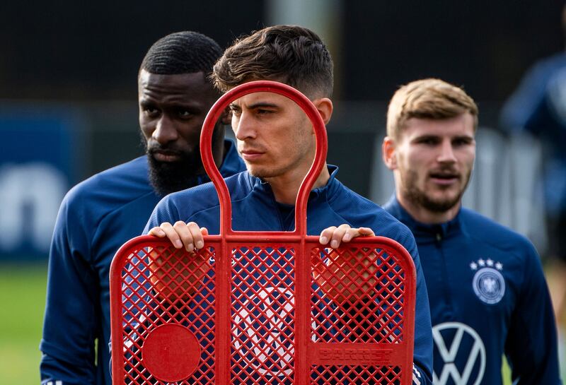 Germany's Antonio Rudiger, Kai Havertz and Timo Werner at training ahead of their World Cup qualifier against Romania. AFP