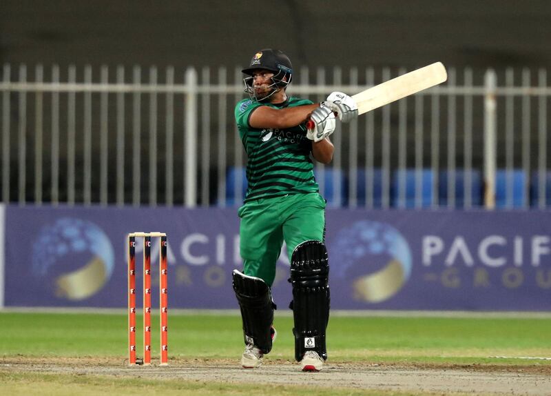 Sharjah, United Arab Emirates - Reporter: Paul Radley. Sport. Cricket. Fujairah's Ali Shan Sharafu bats. The second season of the Emirates D10, Fujairah v Sharjah. Wednesday, March 24th, 2021. Sharjah. Chris Whiteoak / The National