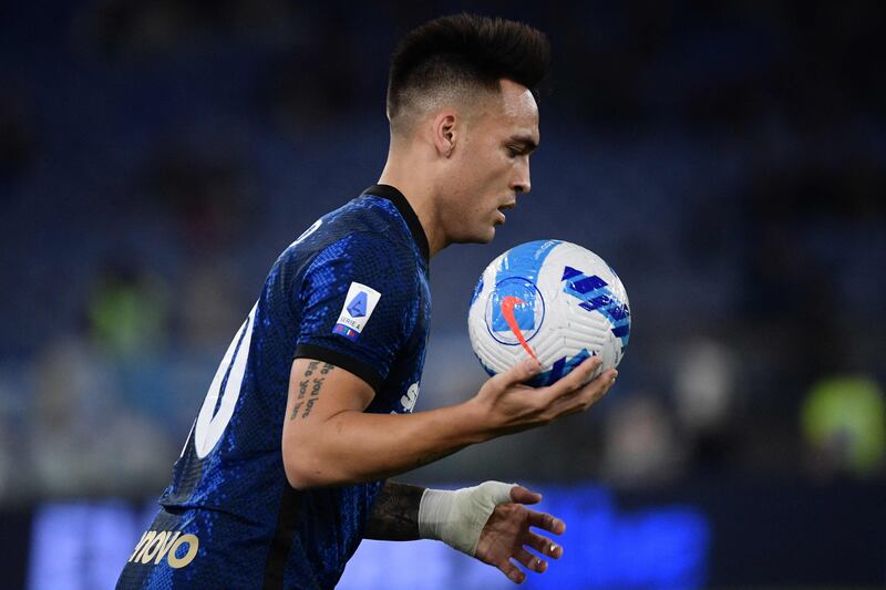 Lautaro Martinez holds the ball during the Serie A between Lazio and Inter. AFP