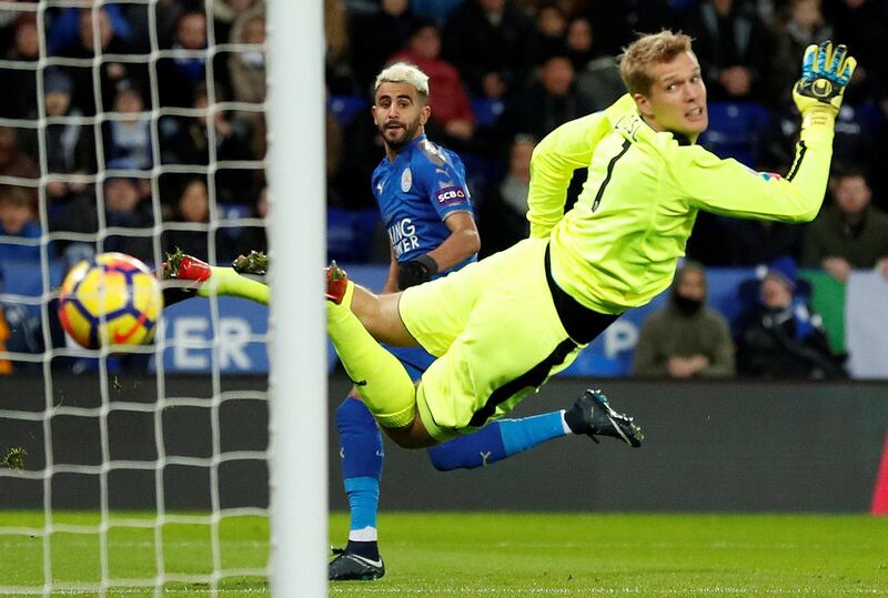 Leicester City's Riyad Mahrez scores against Huddersfield. Andrew Boyers  / Action Images via Reuters