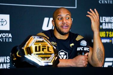 HOUSTON, TX - AUGUST 07: Ciryl Gane speaks during the post fight press conference after defeating Derrick Lewis for the Heavyweight title belt during UFC 265 at Toyota Center on August 7, 2021 in Houston, Texas.    Alex Bierens de Haan / Getty Images  / AFP
