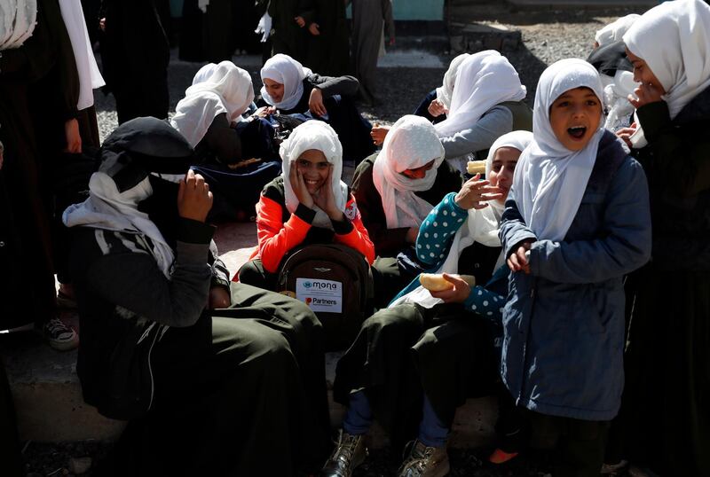 Girls at a public school on December 7. Mona Relief Yemen has distributed school bags to encourage girls to keep attending classes. The number of out-of-school children is estimated more than 2 million. EPA