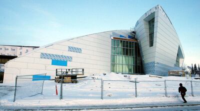 FILE - In this Dec. 9, 2004, file photo, the Museum of the North at the University of Alaska takes shape in Fairbanks, Alaska. An abandoned city bus that was recently removed from Alaska's backcountry to discourage those from making dangerous "Into the Wild" pilgrimages appears headed to the museum in Fairbanks. The state Department of Natural Resources said Thursday, July 30, 2020, that it intends to negotiate with the Museum of the North to display the bus, which was flown out of the woods near Denali National Park and Preserve last month. (AP Photo/Eric Engman, File)